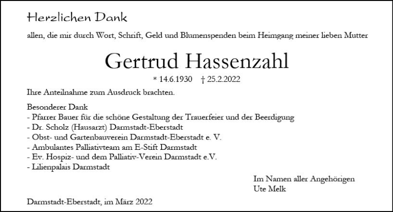  Traueranzeige für Gertrud Hassenzahl vom 26.03.2022 aus vrm-trauer Darmstädter Echo