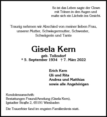 Traueranzeige von Gisela Kern von vrm-trauer Wiesbadener Kurier