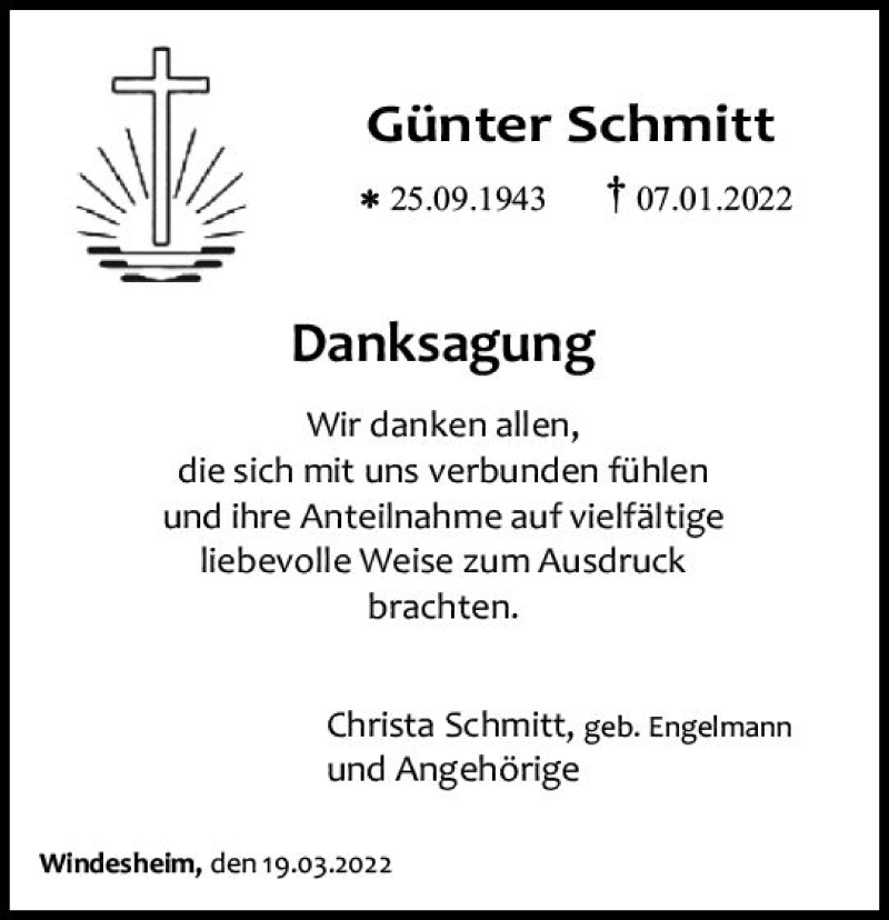  Traueranzeige für Günter Schmitt vom 19.03.2022 aus vrm-trauer Allg. Zeitung Bad Kreuznach