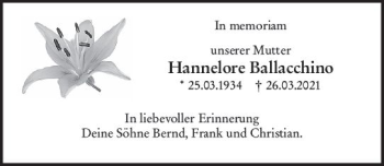 Traueranzeige von Hannelore Ballacchino von vrm-trauer Wiesbadener Kurier