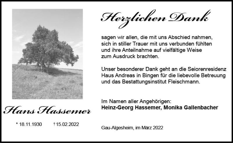  Traueranzeige für Hans Hassemer vom 12.03.2022 aus vrm-trauer Allgemeine  Zeitung Ingelheim-Bingen