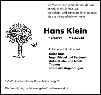 Traueranzeige von Hans Klein von vrm-trauer Allgemeine Zeitung Alzey