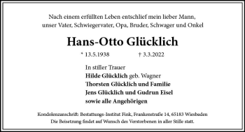 Traueranzeige von Hans-Otto Glücklich von vrm-trauer Wiesbadener Kurier
