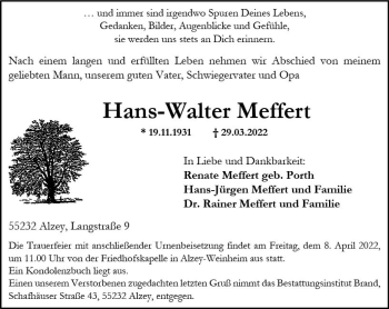 Traueranzeige von Hans-Walter Meffert von vrm-trauer Allgemeine Zeitung Alzey