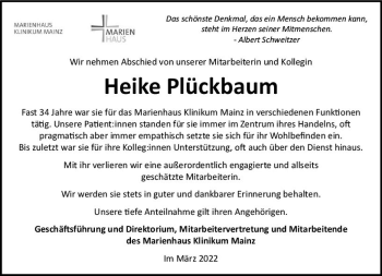 Traueranzeige von Heike Plückbaum von vrm-trauer AZ Mainz