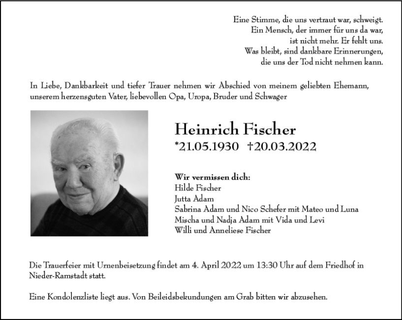  Traueranzeige für Heinrich Fischer vom 26.03.2022 aus vrm-trauer Darmstädter Echo