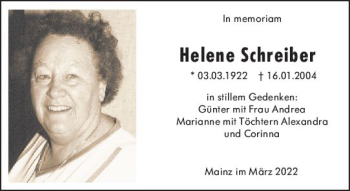 Traueranzeige von Helene Schreiber von vrm-trauer AZ Mainz