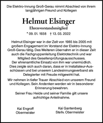 Traueranzeige von Helmut Elsinger von vrm-trauer Groß-Gerauer Echo