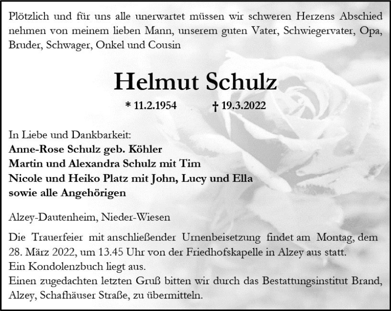  Traueranzeige für Helmut Schulz vom 25.03.2022 aus vrm-trauer Allgemeine Zeitung Alzey