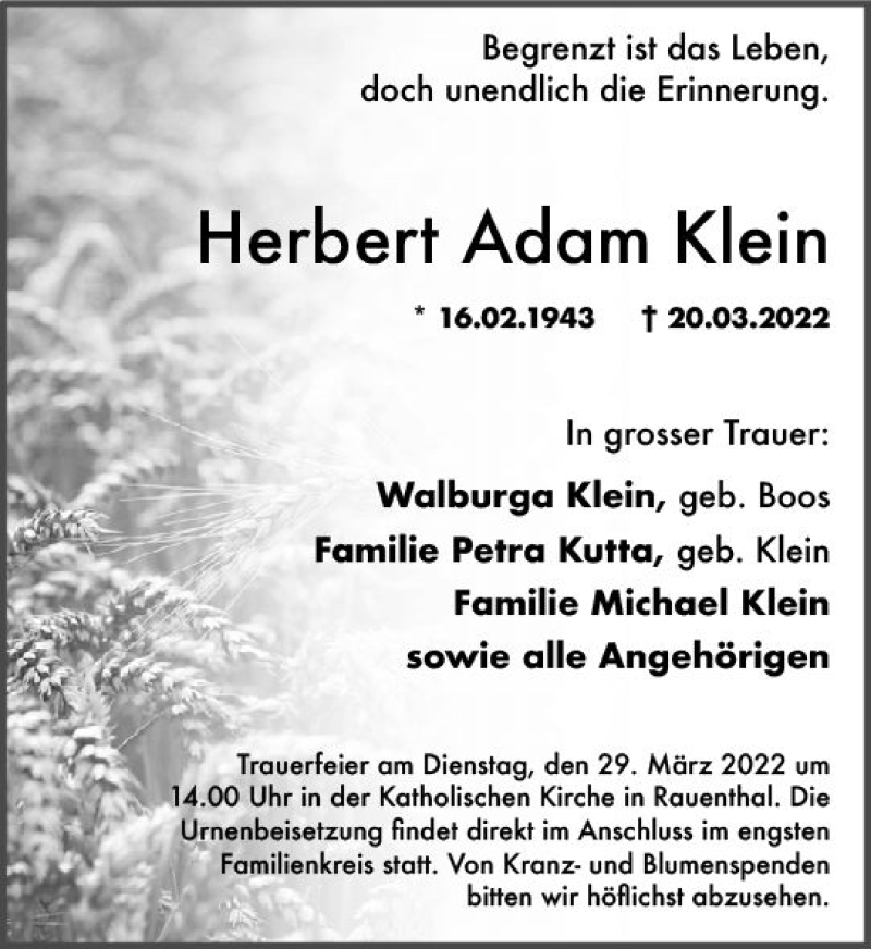  Traueranzeige für Herbert Adam Klein vom 24.03.2022 aus vrm-trauer Wiesbadener Kurier