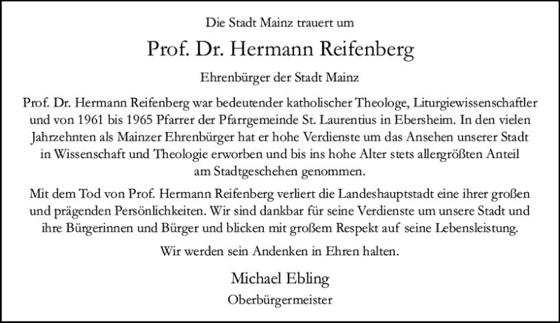  Traueranzeige für Hermann Reifenberg vom 02.03.2022 aus vrm-trauer AZ Mainz