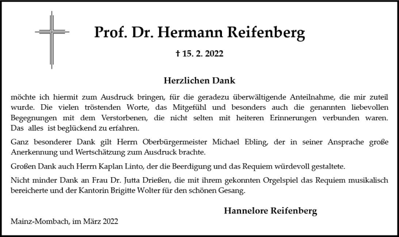  Traueranzeige für Hermann Reifenberg vom 26.03.2022 aus vrm-trauer AZ Mainz