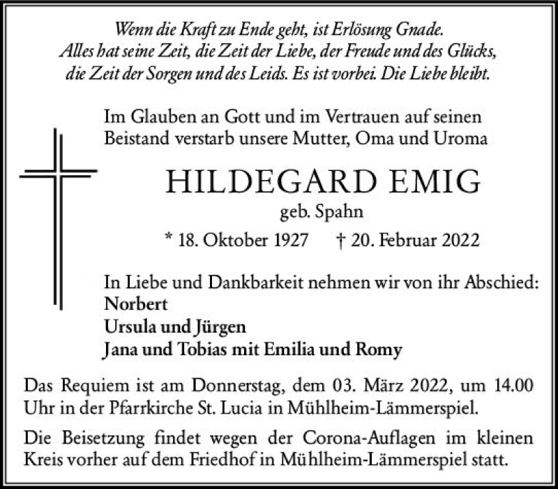  Traueranzeige für Hildegard Emig vom 02.03.2022 aus vrm-trauer AZ Mainz