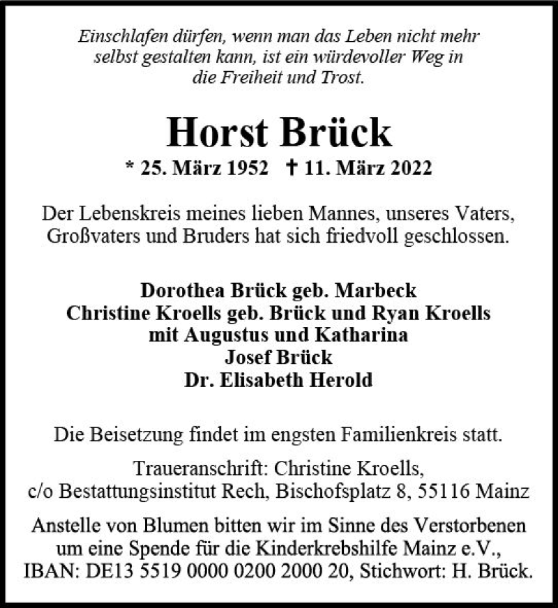  Traueranzeige für Horst Brück vom 19.03.2022 aus vrm-trauer AZ Mainz