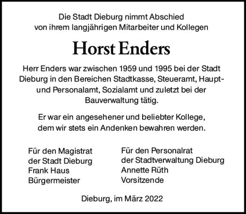  Traueranzeige für Horst Enders vom 05.03.2022 aus vrm-trauer DieburgerAnzeiger/Groß-Zimmerner Lokala