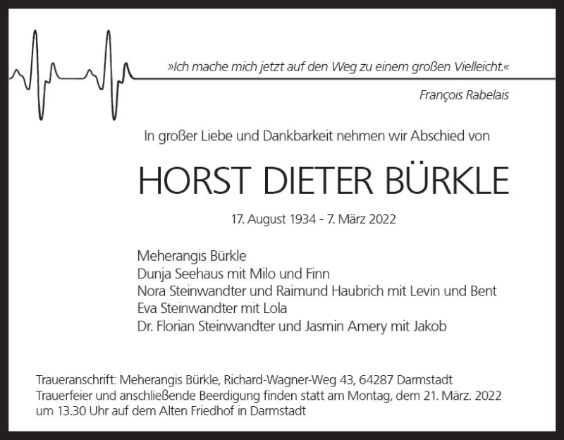  Traueranzeige für Horst Dieter Bürkle vom 12.03.2022 aus vrm-trauer Darmstädter Echo