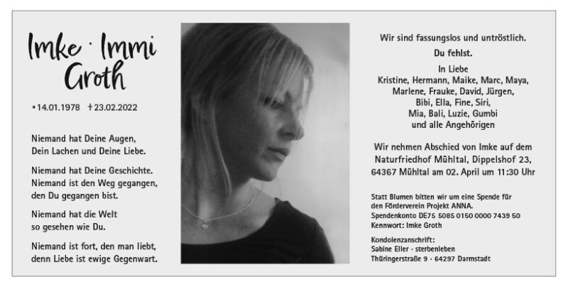  Traueranzeige für Imke Groth vom 12.03.2022 aus vrm-trauer Darmstädter Echo