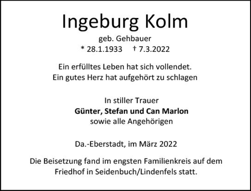 Traueranzeige für Ingeburg Kolm vom 26.03.2022 aus vrm-trauer Darmstädter Echo