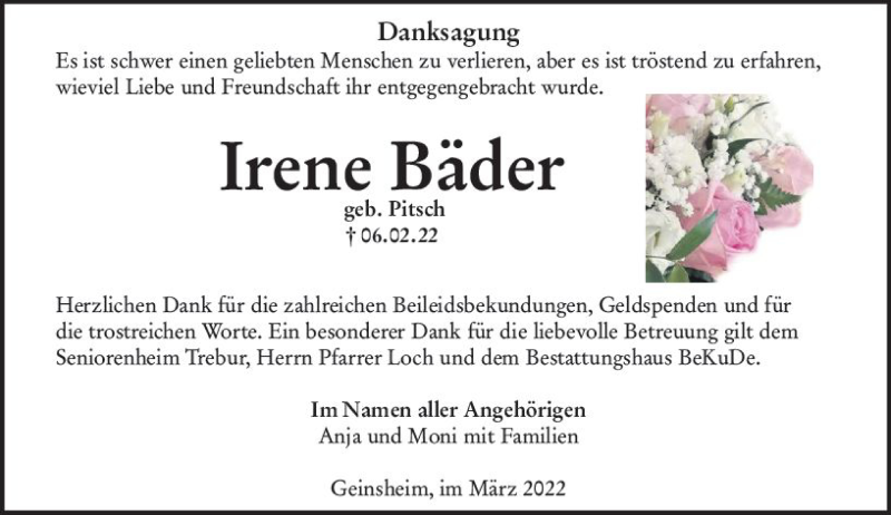  Traueranzeige für Irene Bäder vom 05.03.2022 aus vrm-trauer Groß-Gerauer Echo