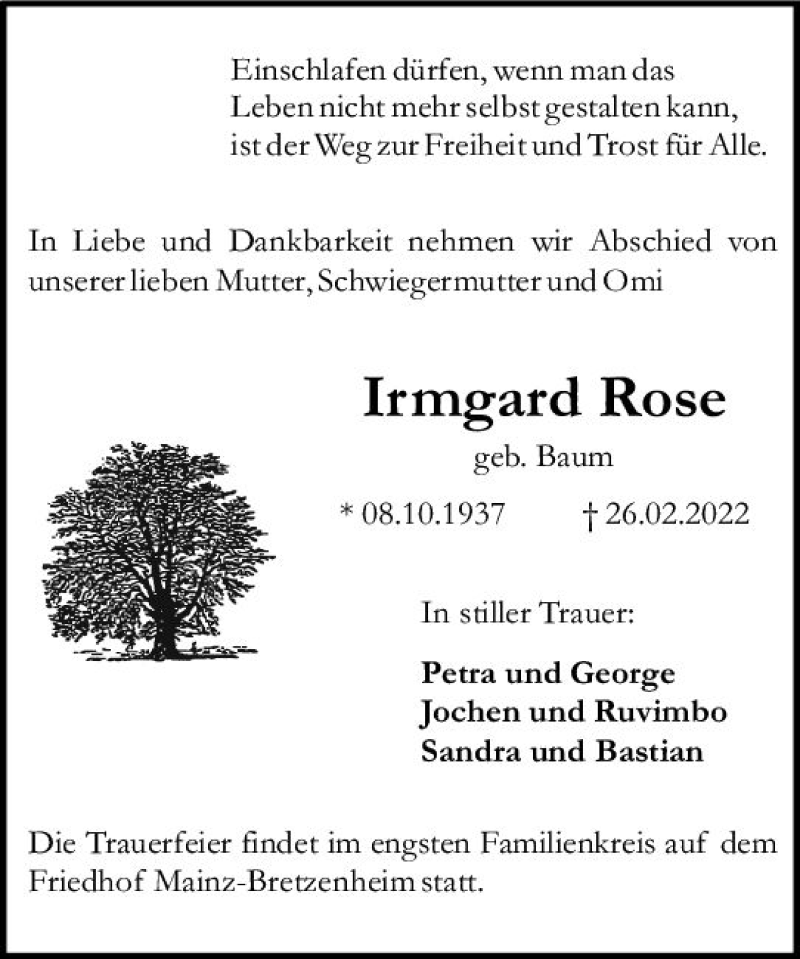  Traueranzeige für Irmgard Rose vom 05.03.2022 aus vrm-trauer AZ Mainz