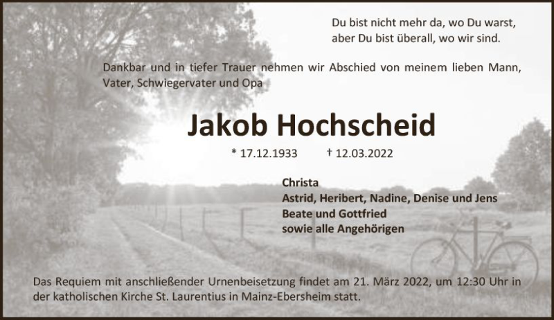  Traueranzeige für Jakob Hochscheid vom 19.03.2022 aus vrm-trauer AZ Mainz