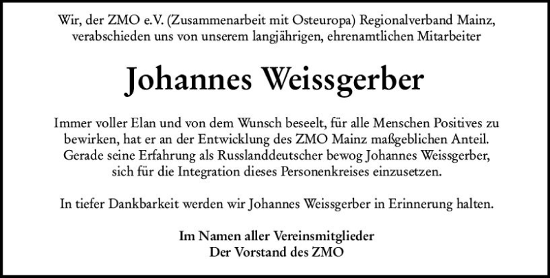  Traueranzeige für Johannes Weissgerber vom 19.03.2022 aus vrm-trauer AZ Mainz