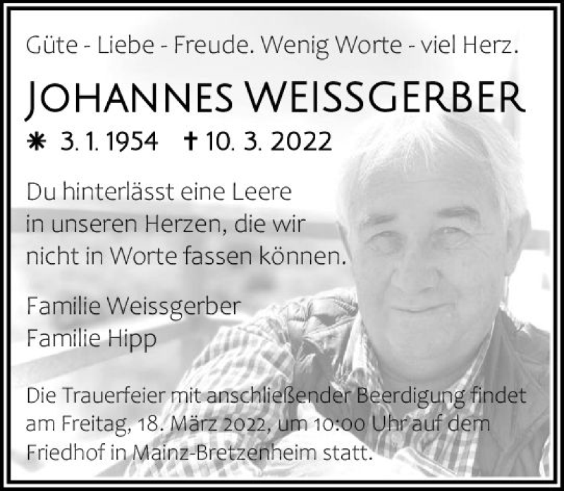  Traueranzeige für Johannes Weissgerber vom 12.03.2022 aus vrm-trauer AZ Mainz