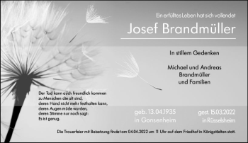 Traueranzeige von Josef Brandmüller von vrm-trauer Rüsselsheimer Echo / MainSpitze