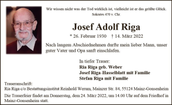 Traueranzeige von Josef Adolf Riga von vrm-trauer AZ Mainz