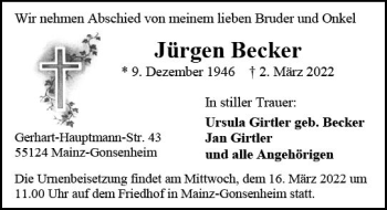 Traueranzeige von Jürgen Becker von vrm-trauer AZ Mainz