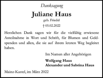 Traueranzeige von Juliane Haus von vrm-trauer AZ Mainz