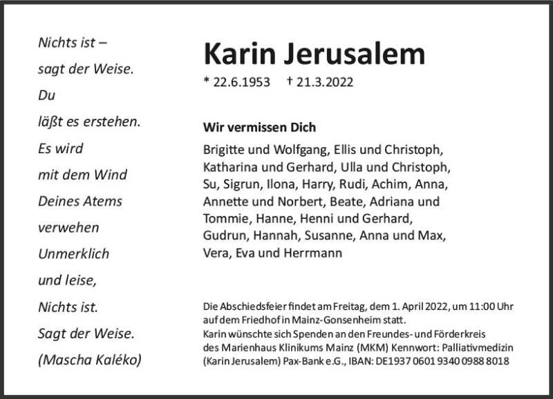  Traueranzeige für Karin Jerusalem vom 26.03.2022 aus vrm-trauer AZ Mainz