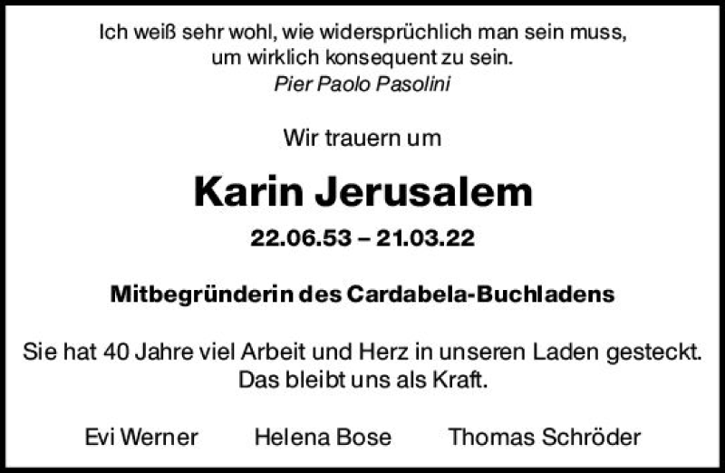  Traueranzeige für Karin Jerusalem vom 26.03.2022 aus vrm-trauer AZ Mainz
