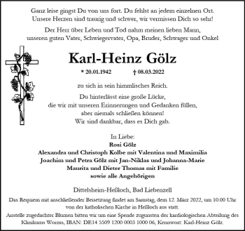 Traueranzeige von Karl-Heinz Gölz von vrm-trauer Wormser Zeitung