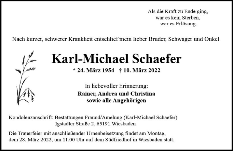  Traueranzeige für Karl-Michael Schaefer vom 19.03.2022 aus vrm-trauer Wiesbadener Kurier
