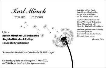 Traueranzeige von Karl Münch von vrm-trauer Bürstädter/Lamperth. Ztg/Starkenburger