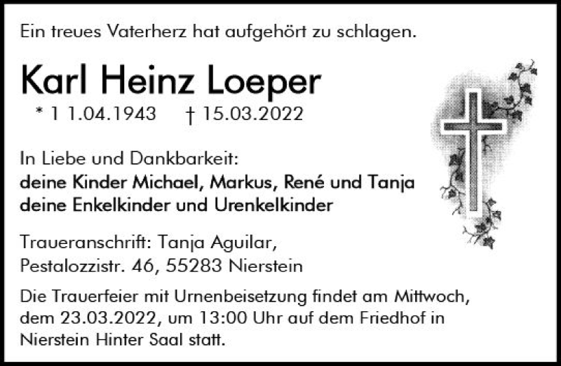  Traueranzeige für Karl Heinz Loeper vom 19.03.2022 aus vrm-trauer AZ Mainz