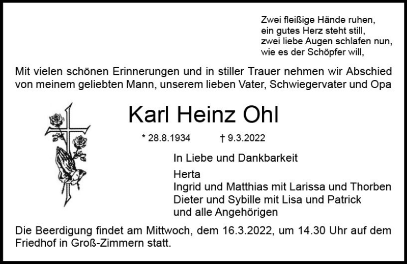  Traueranzeige für Karl Heinz Ohl vom 15.03.2022 aus vrm-trauer DieburgerAnzeiger/Groß-Zimmerner Lokala