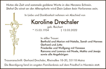 Traueranzeige von Karoline Drechsler von vrm-trauer AZ Mainz