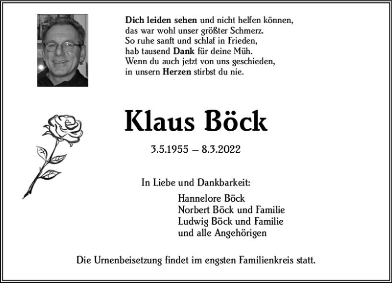  Traueranzeige für Klaus Böck vom 19.03.2022 aus vrm-trauer Darmstädter Echo