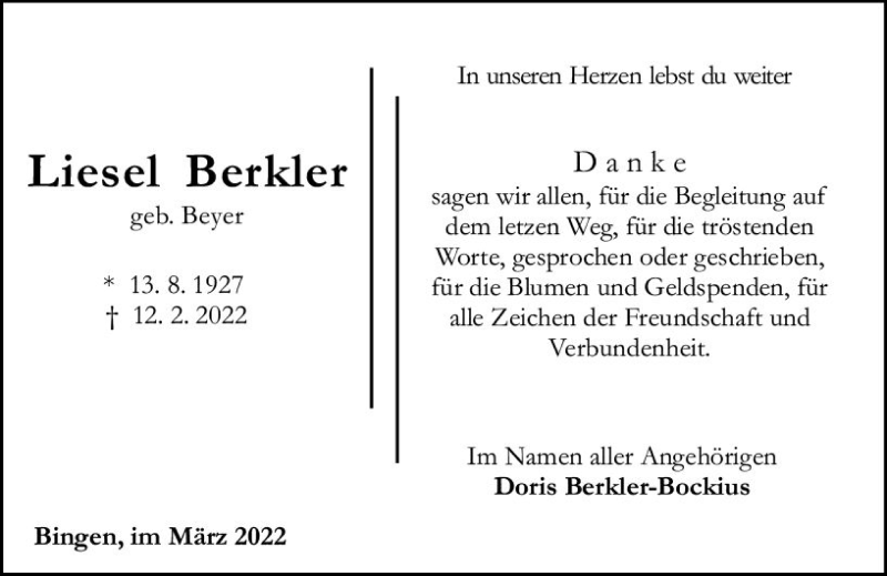  Traueranzeige für Liesel Berkler vom 19.03.2022 aus vrm-trauer Allgemeine  Zeitung Ingelheim-Bingen