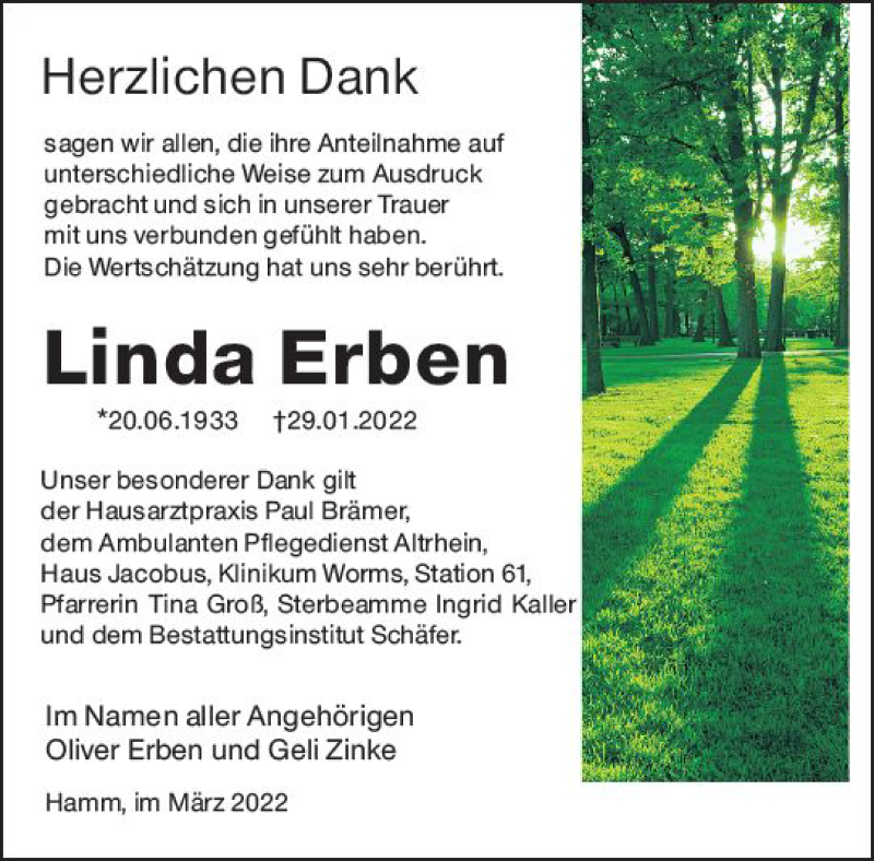  Traueranzeige für Linda Erben vom 05.03.2022 aus vrm-trauer Wormser Zeitung