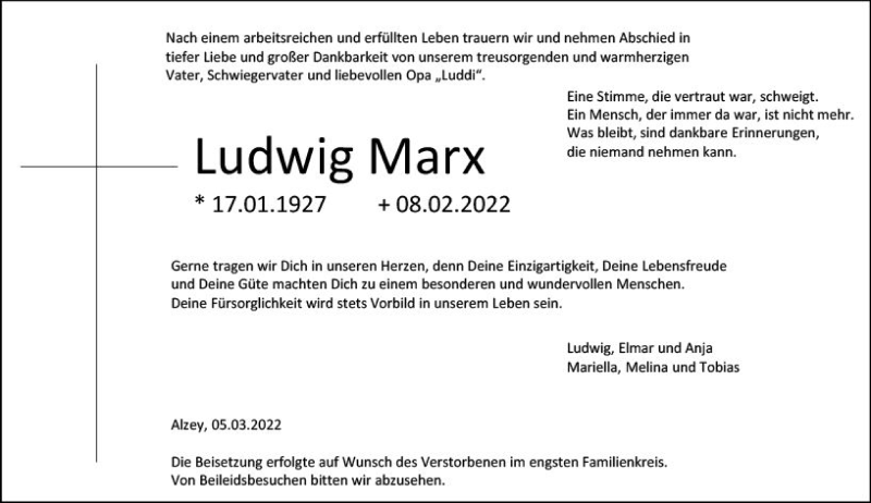  Traueranzeige für Ludwig Marx vom 05.03.2022 aus vrm-trauer Allgemeine Zeitung Alzey