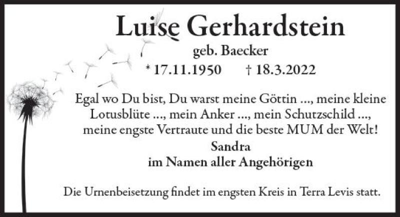  Traueranzeige für Luise Gerhardstein vom 26.03.2022 aus vrm-trauer Wiesbadener Kurier
