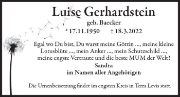 Traueranzeige von Luise Gerhardstein von vrm-trauer Wiesbadener Kurier