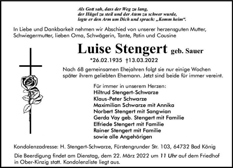  Traueranzeige für Luise Stengert vom 19.03.2022 aus vrm-trauer Odenwälder Echo