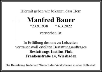 Traueranzeige von Manfred Bauer von vrm-trauer Wiesbadener Kurier