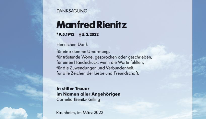  Traueranzeige für Manfred Rienitz vom 05.03.2022 aus vrm-trauer Rüsselsheimer Echo / MainSpitze