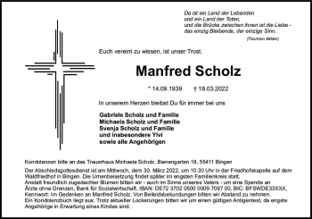 Traueranzeige von Manfred Scholz von vrm-trauer Allgemeine  Zeitung Ingelheim-Bingen