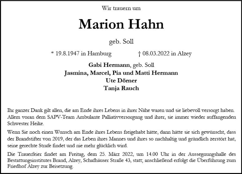  Traueranzeige für Marion Hahn vom 12.03.2022 aus vrm-trauer Allgemeine Zeitung Alzey